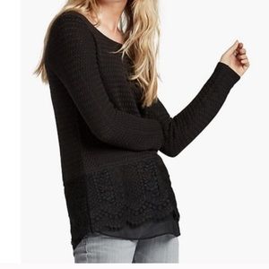 Lucky Brand Black Woven Knit Lace Trim Top